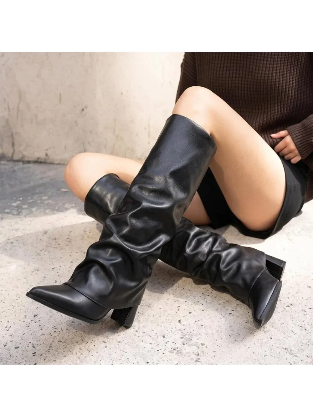 Women's Black Pointed Toe Pu Leather Chunky Heel Fold Over Knee High Boots